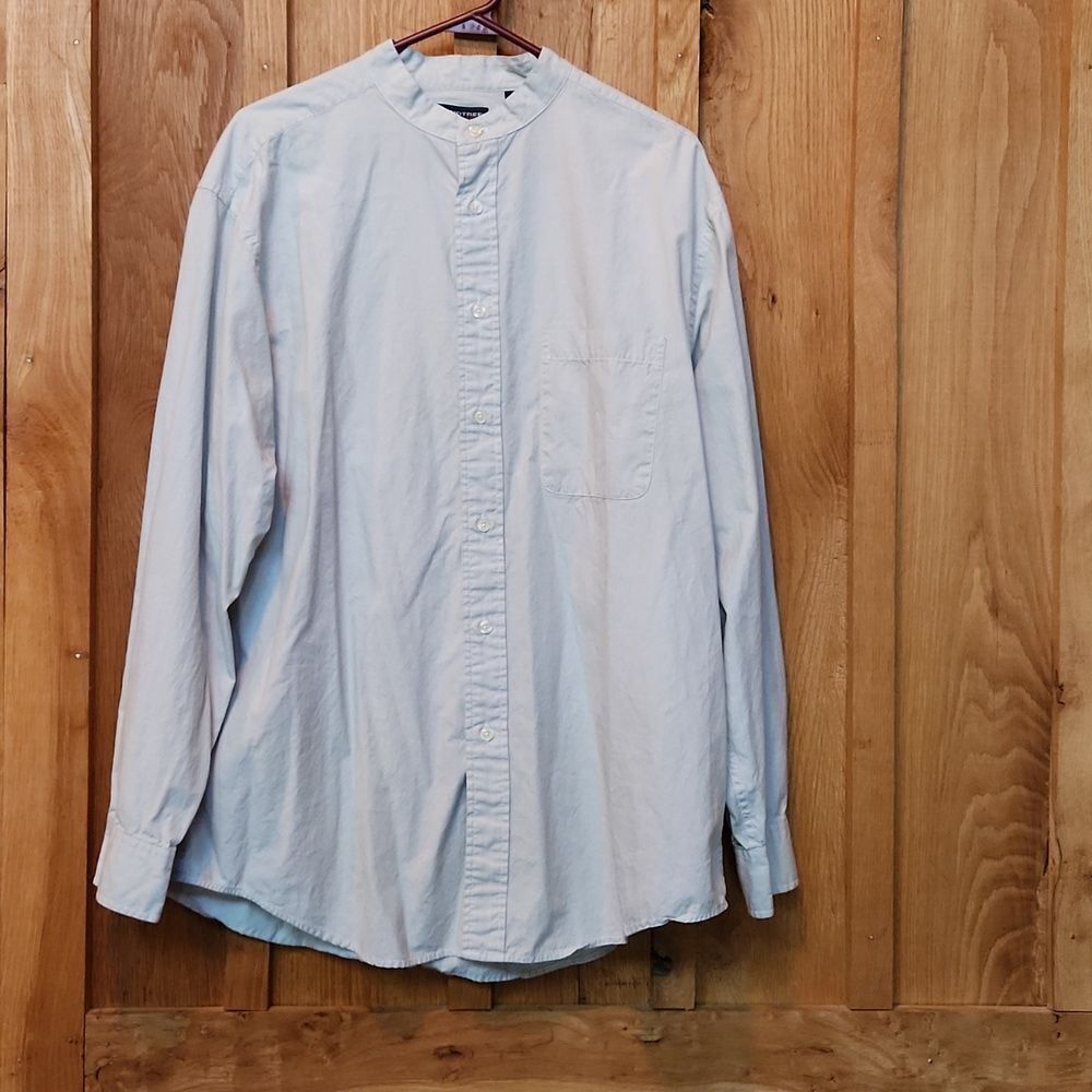 Roundtree & Yorke Collarless 100% Cotton Button Down Shirt Tan & White Stripes
